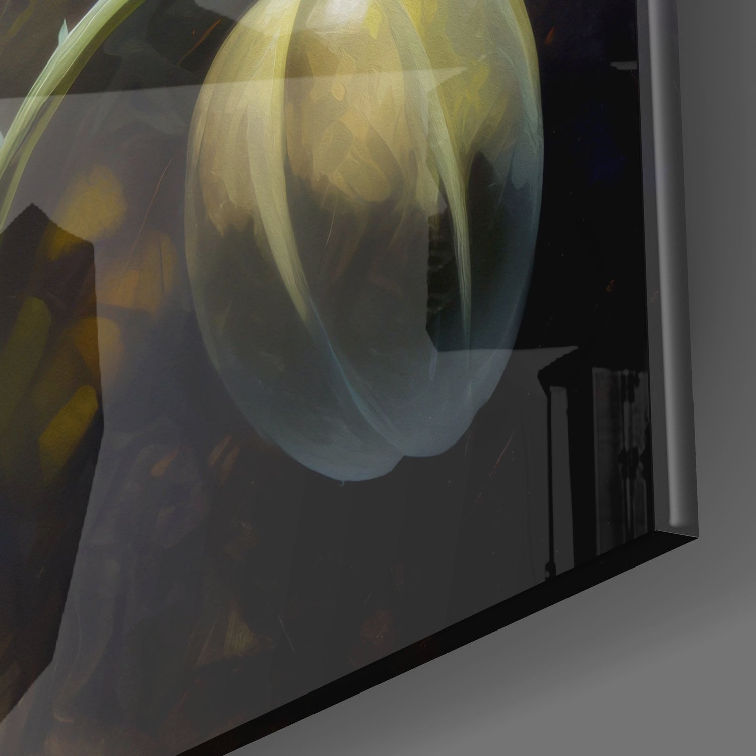 Close-up angled view of translucent glass poppy flower wall art with pale yellow petals and dark center against dark background.