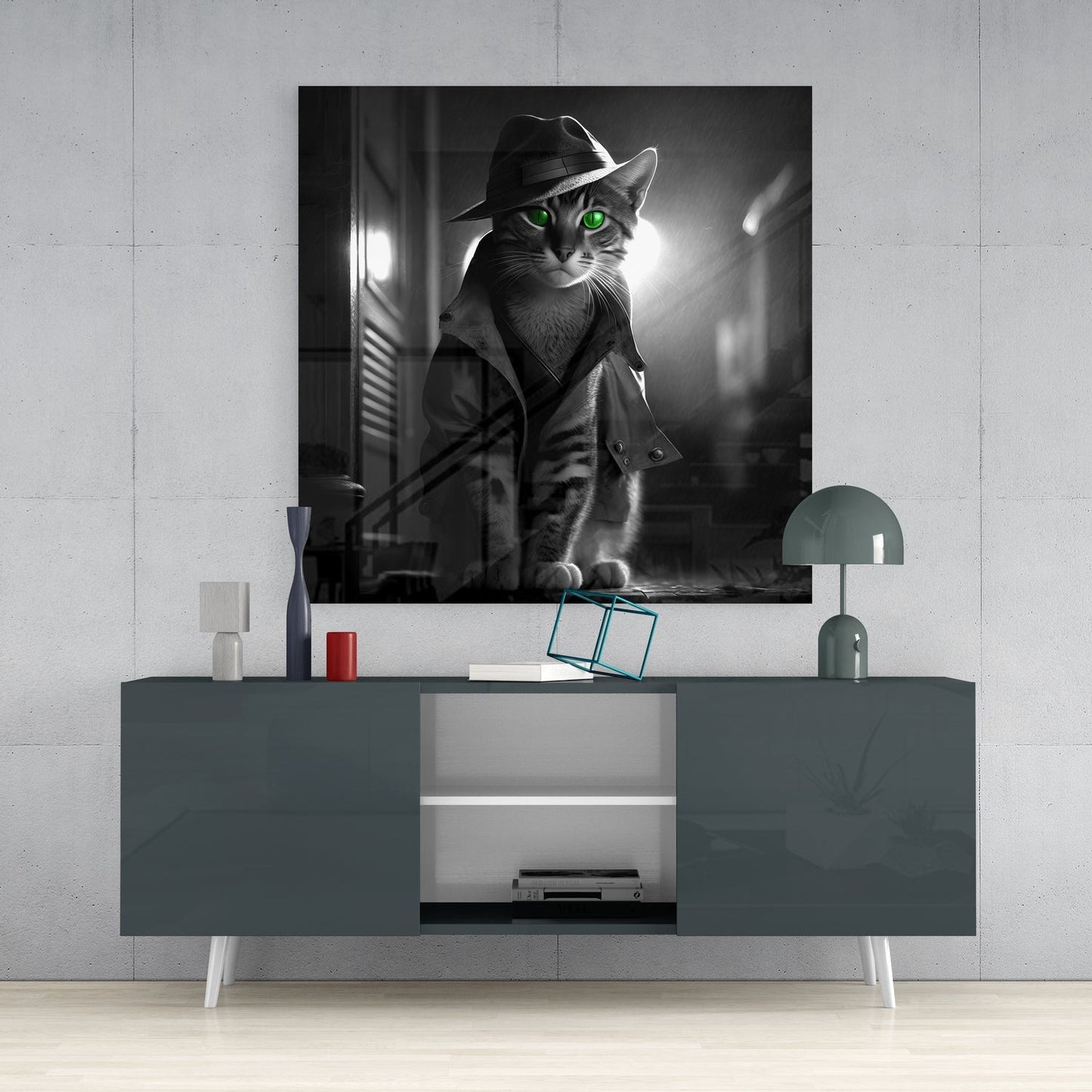 Green Eyed Detective Cat in Trench Coat Glass Wall Art