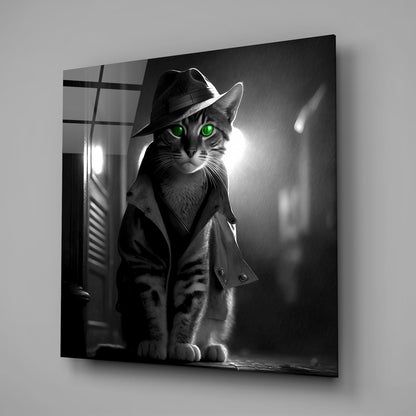 Green Eyed Detective Cat in Trench Coat Glass Wall Art