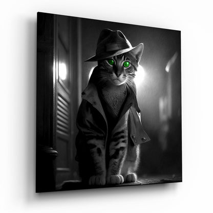 Green Eyed Detective Cat in Trench Coat Glass Wall Art