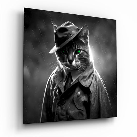 Black and white glass wall art of a cat wearing a fedora and trench coat with glowing green eyes in falling rain.
