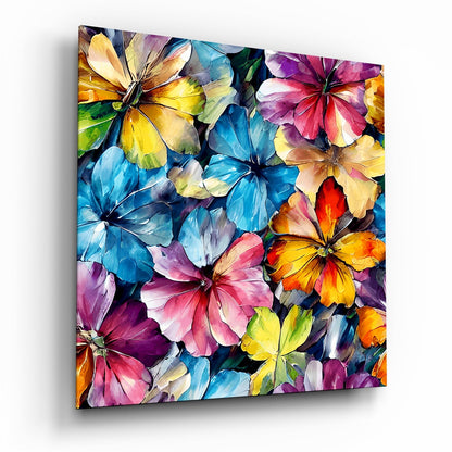 Angled perspective of a glass wall art panel displaying colorful overlapping flowers in blue, yellow, pink, purple, and orange on a dark background.