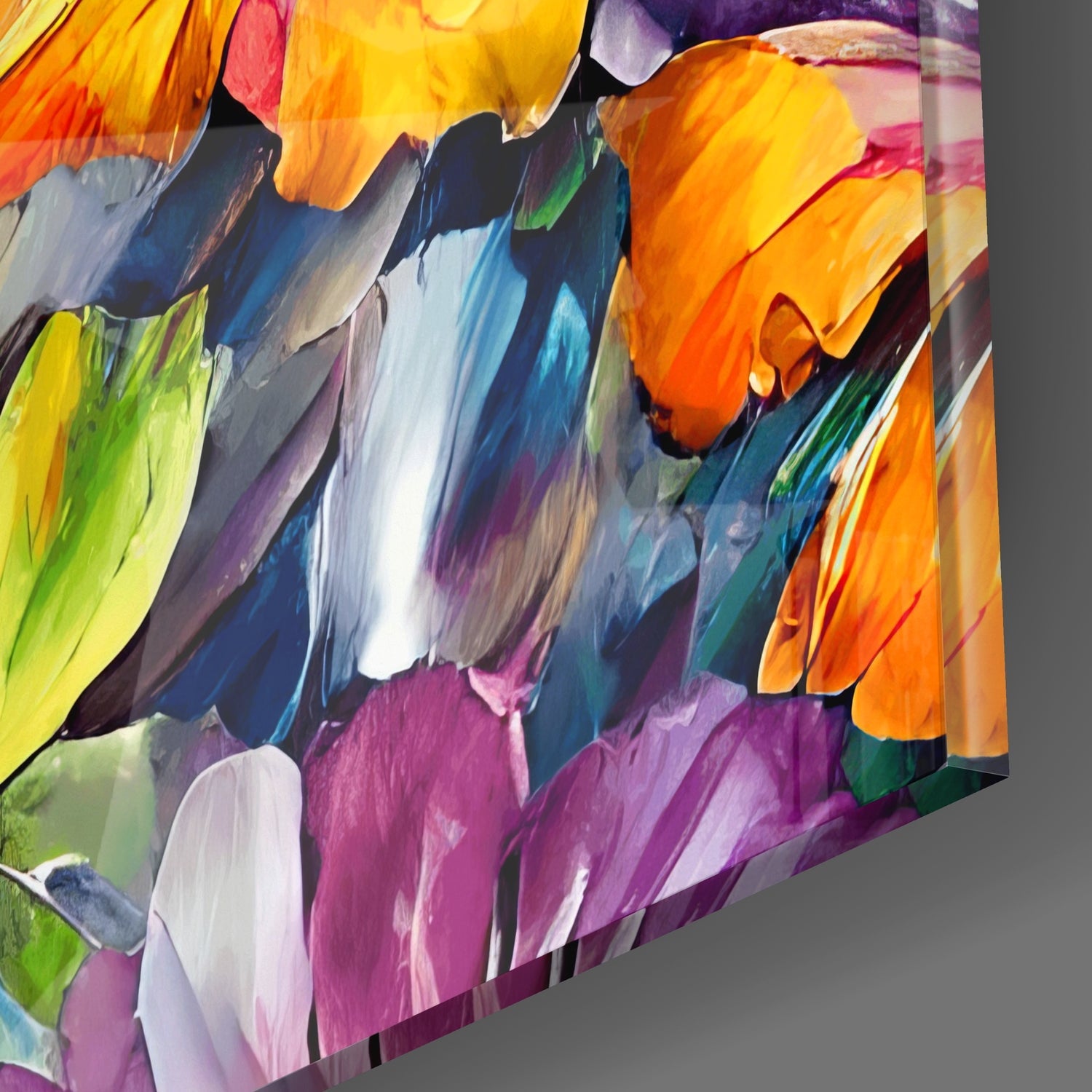 Colorful glass wall art panel displaying vibrant painted flowers in orange, yellow, purple, pink, and blue tones with brushstroke texture, angled three-dimensional view.