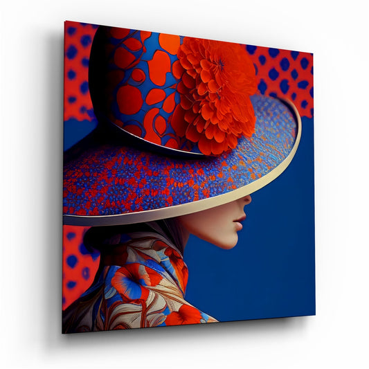Woman in profile wearing an oversized red and blue patterned wide-brim hat with red flower detail against blue background on glass wall art.
