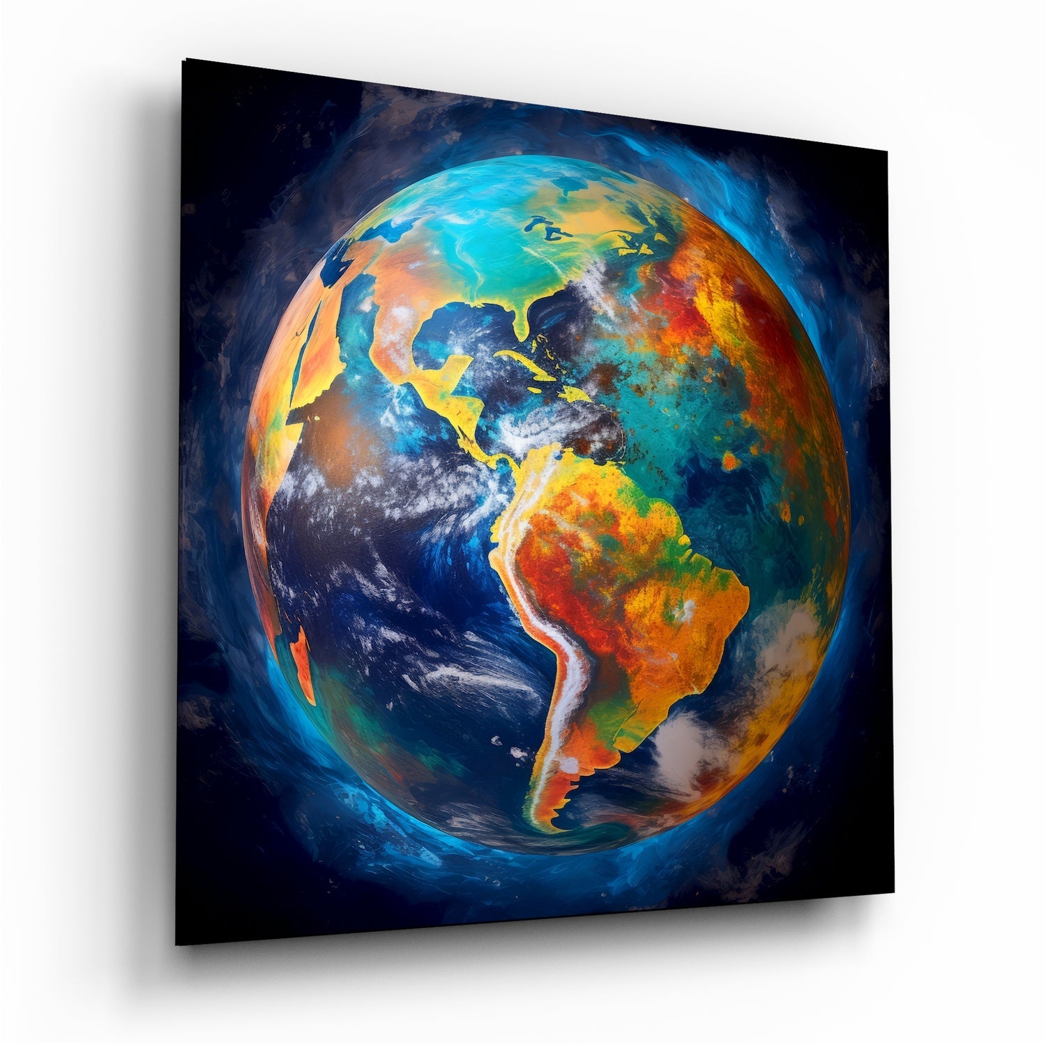 Angled perspective of a glass wall panel displaying Earth with vibrant blue oceans, colorful continents in orange and yellow, and white cloud formations against a dark space background.