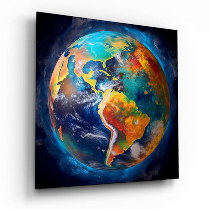Angled perspective of a glass wall panel displaying Earth with vibrant blue oceans, colorful continents in orange and yellow, and white cloud formations against a dark space background.