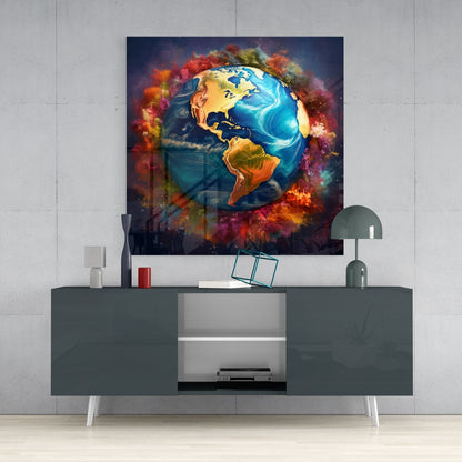Earth Globe in Color Powder Clouds Glass Wall Art
