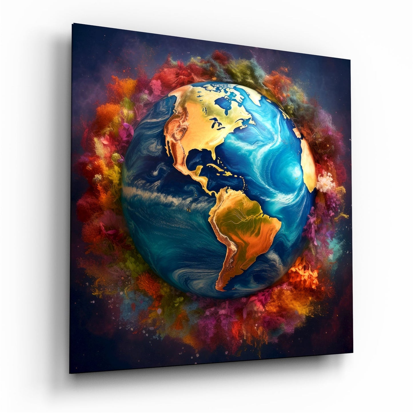 Earth Globe in Color Powder Clouds Glass Wall Art
