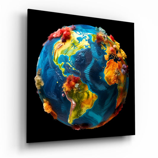 Three-dimensional globe on black background showing North and South America with yellow continents, blue oceans, and red and orange explosion effects erupting from multiple surface points.