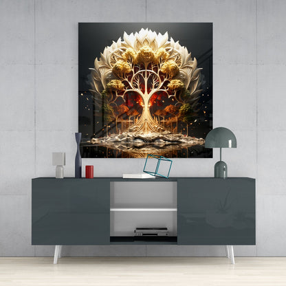 Golden Tree Of Life With White Lotus Halo Glass Wall Art