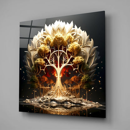 Golden Tree Of Life With White Lotus Halo Glass Wall Art