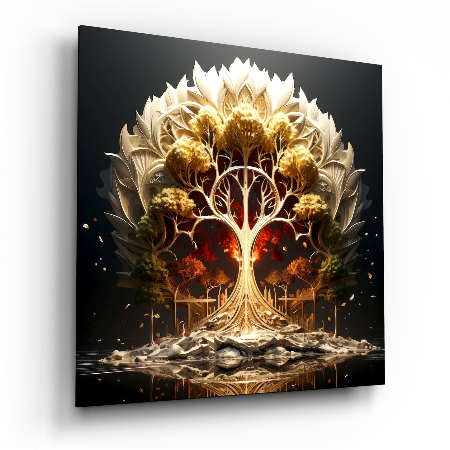 Golden Tree Of Life With White Lotus Halo Glass Wall Art