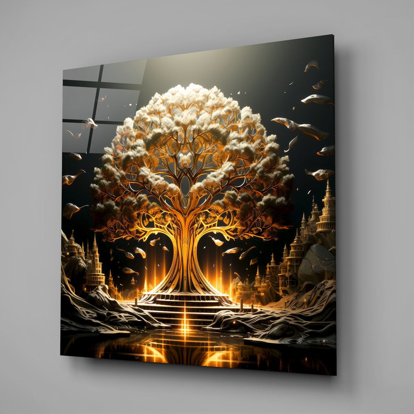 Golden Temple Tree Of Life With Cloud Canopy Glass Wall Art