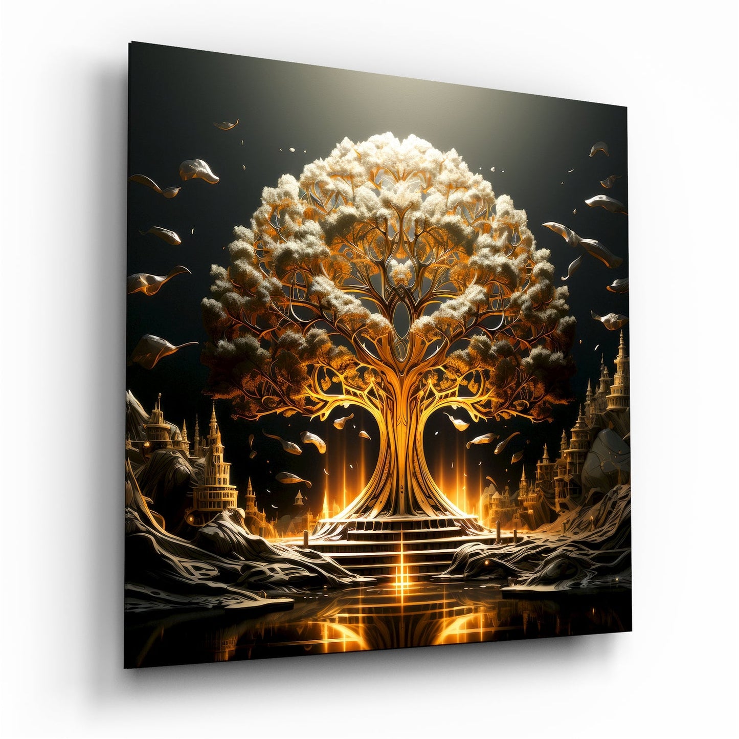 Golden Temple Tree Of Life With Cloud Canopy Glass Wall Art
