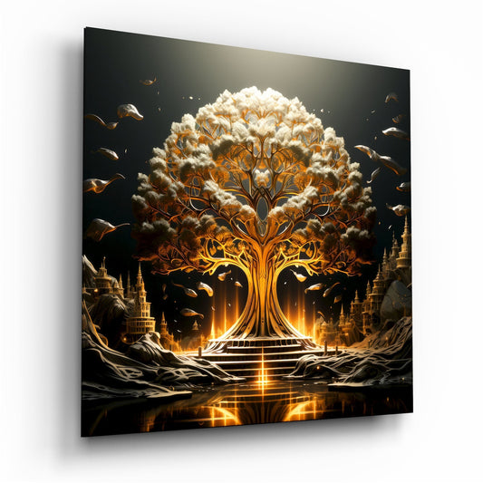 Angled perspective of a glass wall art panel displaying a luminous golden tree with white cloud canopy, glowing architectural structures, and flying birds against a dark background.