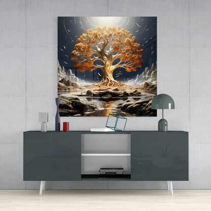 Orange Leaf Tree Of Life On Navy Sky Glass Wall Art