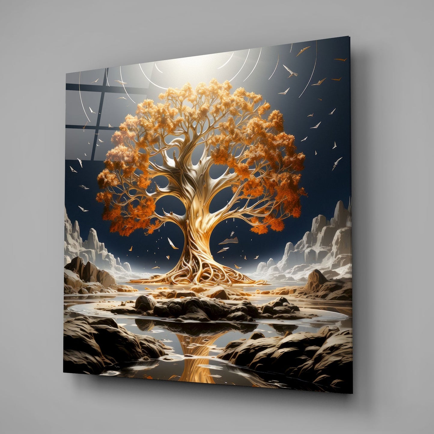 Orange Leaf Tree Of Life On Navy Sky Glass Wall Art