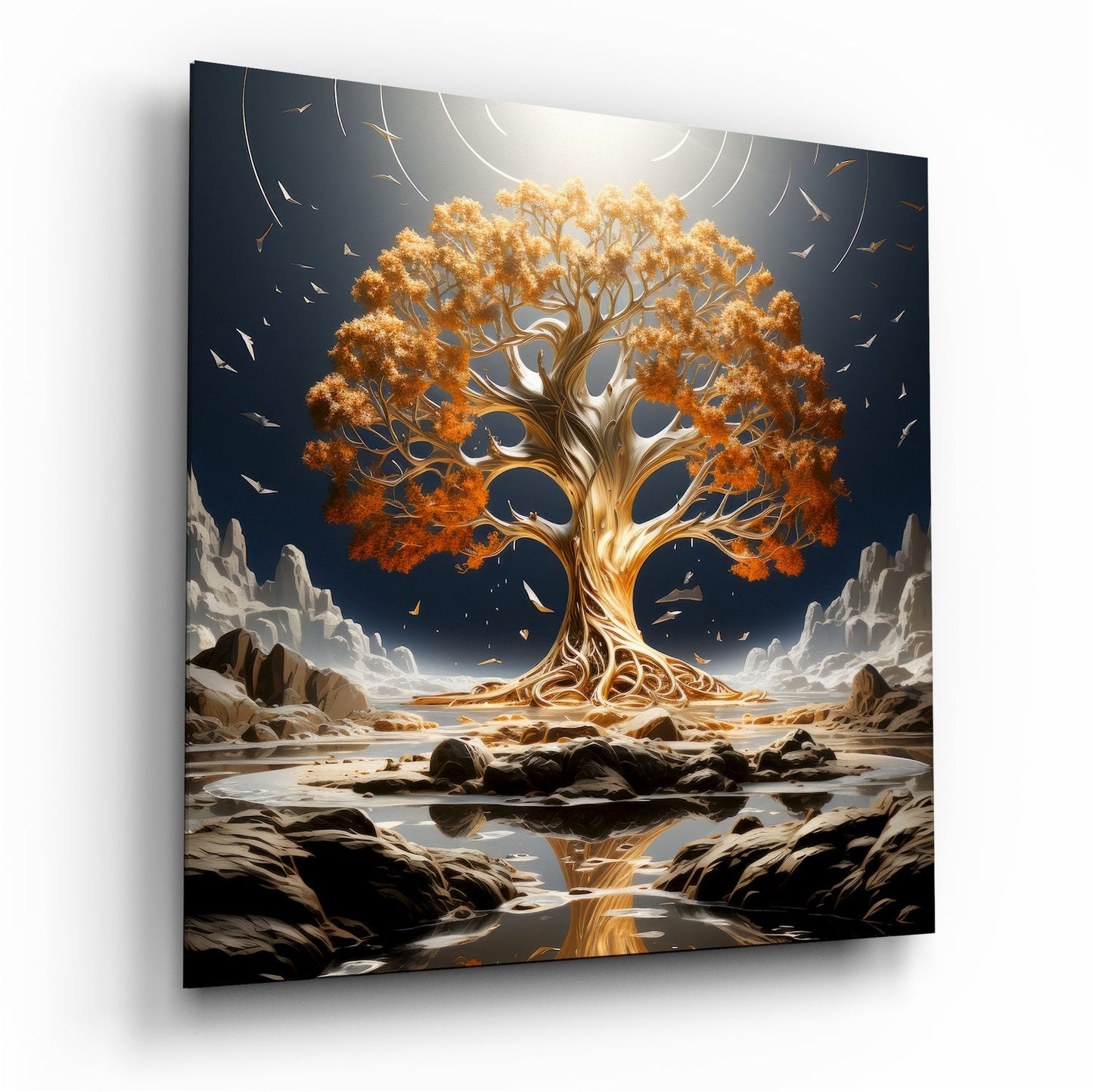 Orange Leaf Tree Of Life On Navy Sky Glass Wall Art