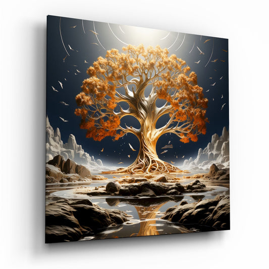 Golden tree with luminous foliage reflecting in water, set against dark navy sky with rocky landscape, displayed as glass wall art.