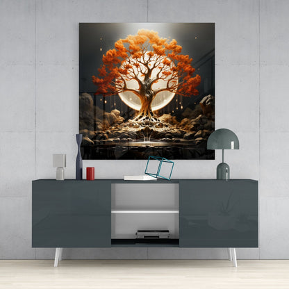 Autumn Orange Tree Of Life Full Moon Glass Wall Art