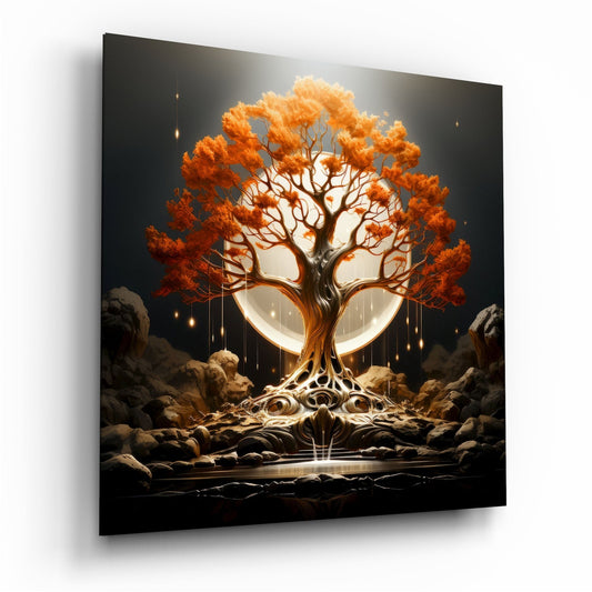 Glass wall art panel displaying an illuminated orange tree with glowing moon backdrop, surrounded by rocks against dark background.
