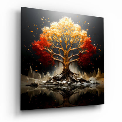 Red And Yellow Flame Canopy Tree Of Life Glass Wall Art