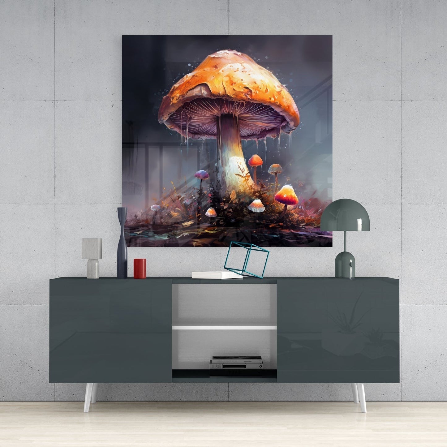 Glowing orange and purple mushroom glass artwork displayed above a dark gray media console in a minimalist room setting.