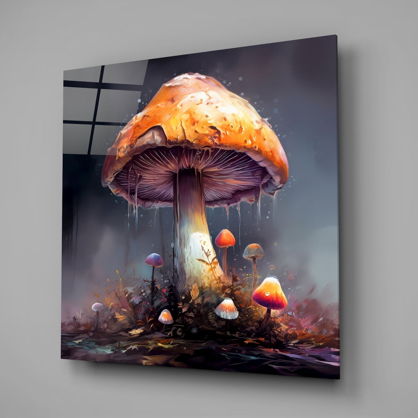 Glass wall art panel displaying an illuminated orange mushroom with purple gills surrounded by smaller glowing mushrooms against a dark atmospheric background.