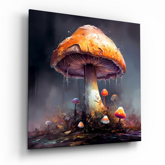 Angled view of a glass wall panel featuring a luminous orange mushroom with purple gills surrounded by smaller glowing mushrooms against a dark background.