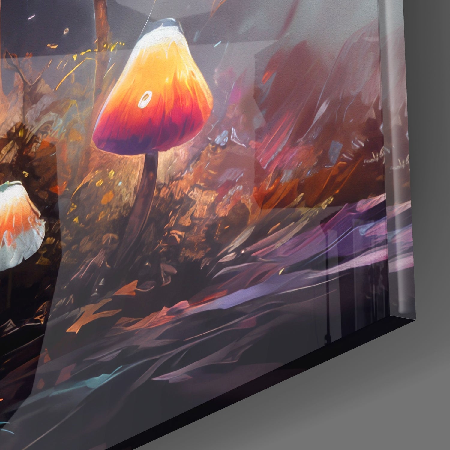 Angled view of glass wall art displaying glowing mushrooms with white caps and gradient orange-to-red stems against dark landscape background.