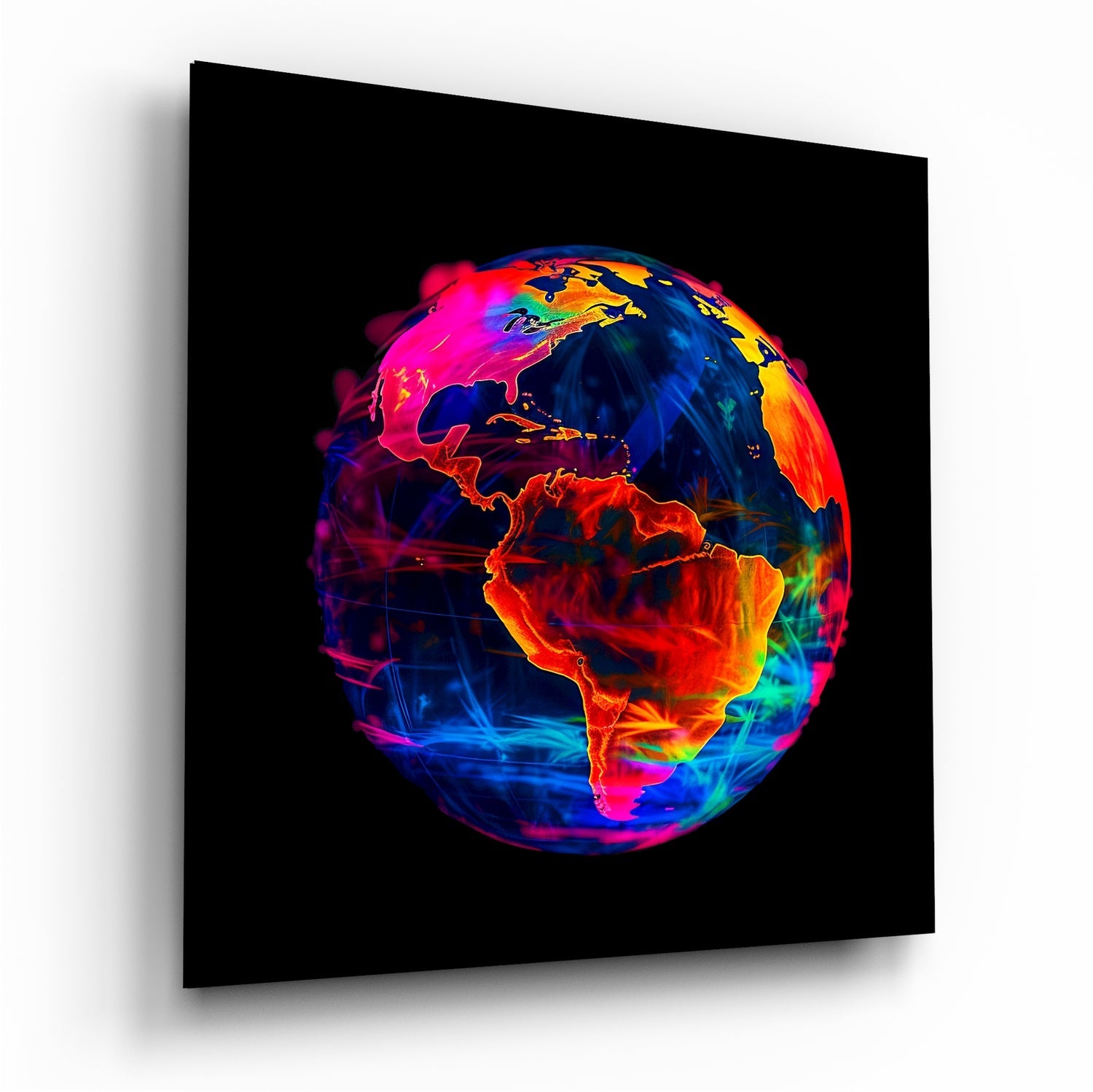 Vibrant neon-colored glass globe displaying Earth's continents in hot pink, blue, orange, and yellow against black background.