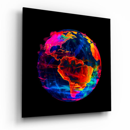 Vibrant neon-colored glass globe displaying Earth's continents in hot pink, blue, orange, and yellow against black background.