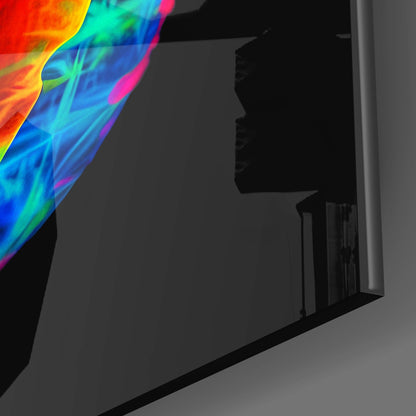 Side profile of a framed glass wall art featuring vibrant rainbow gradient with neon colors transitioning from red to blue.