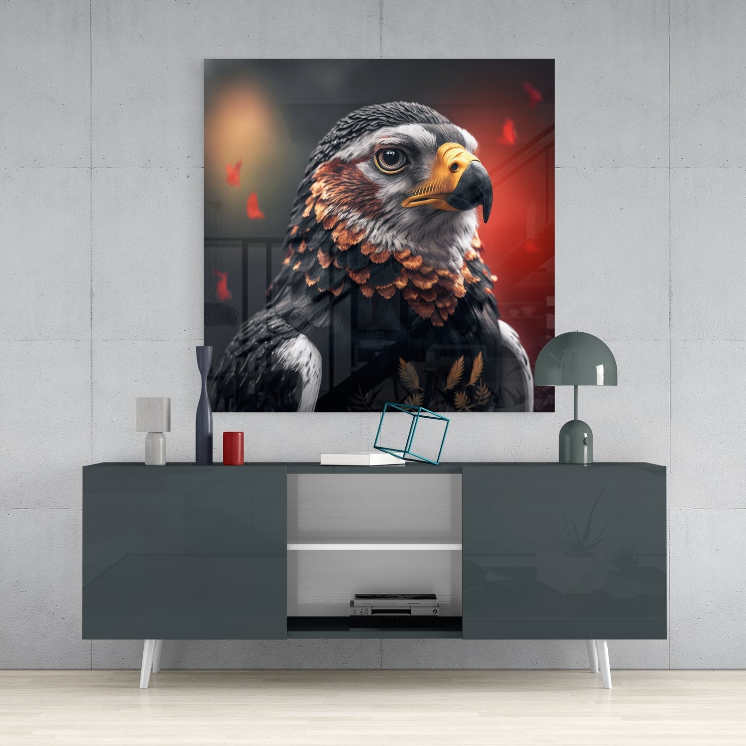 Eagle glass wall art featuring a bald eagle portrait with black, white, and golden-brown plumage displayed above a gray modern console table.