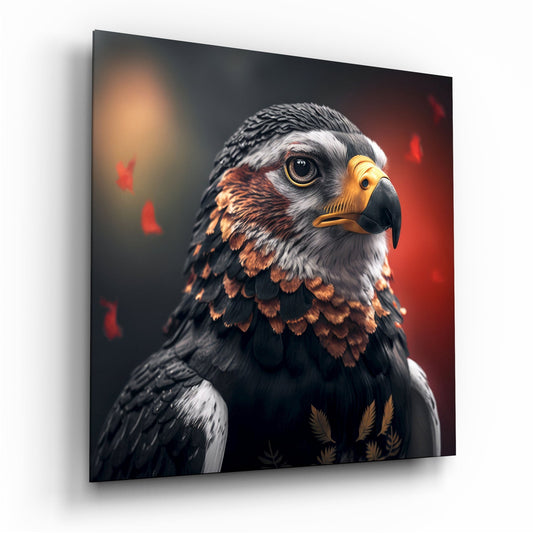 Bald eagle profile portrait on glass with golden beak, white head, brown wing feathers against dark red background.