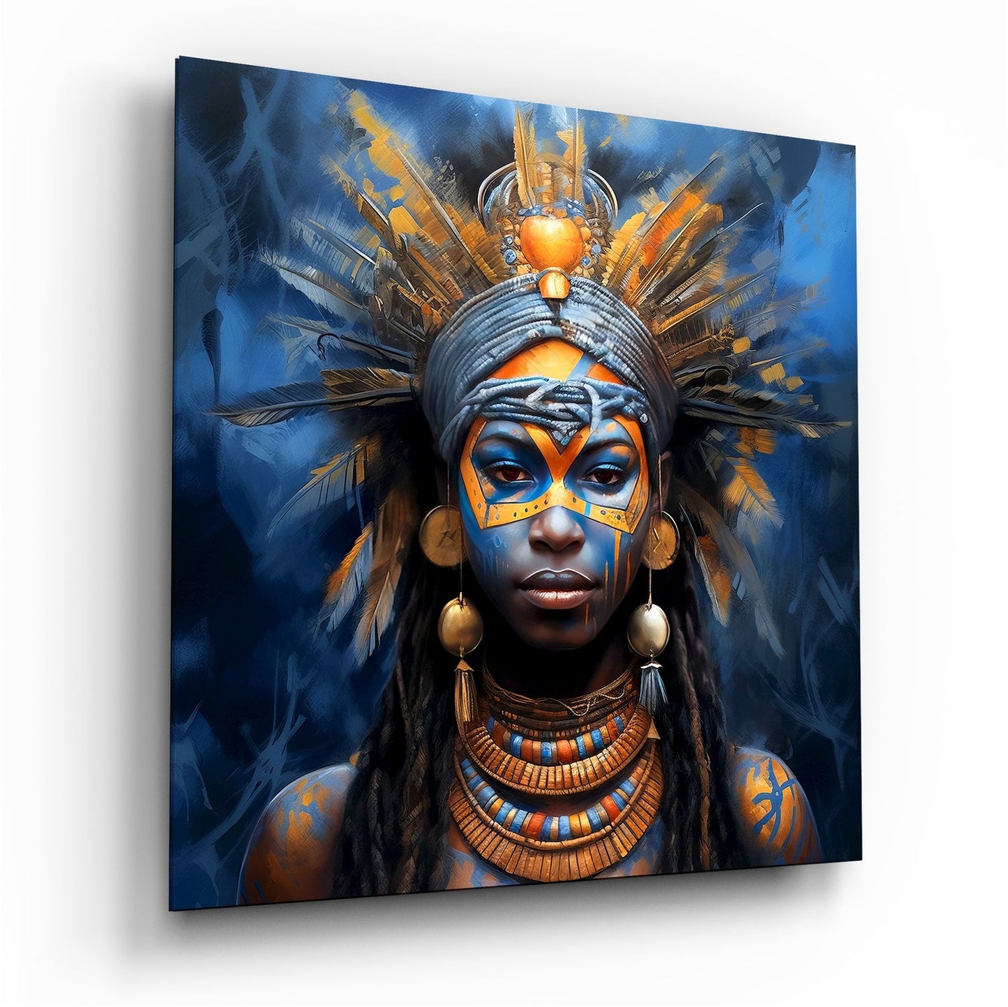 Blue and Gold Tribal Queen Feather Crown Glass Wall Art