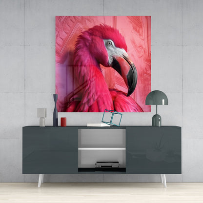 Crimson Red Feathered Flamingo Glass Wall Art