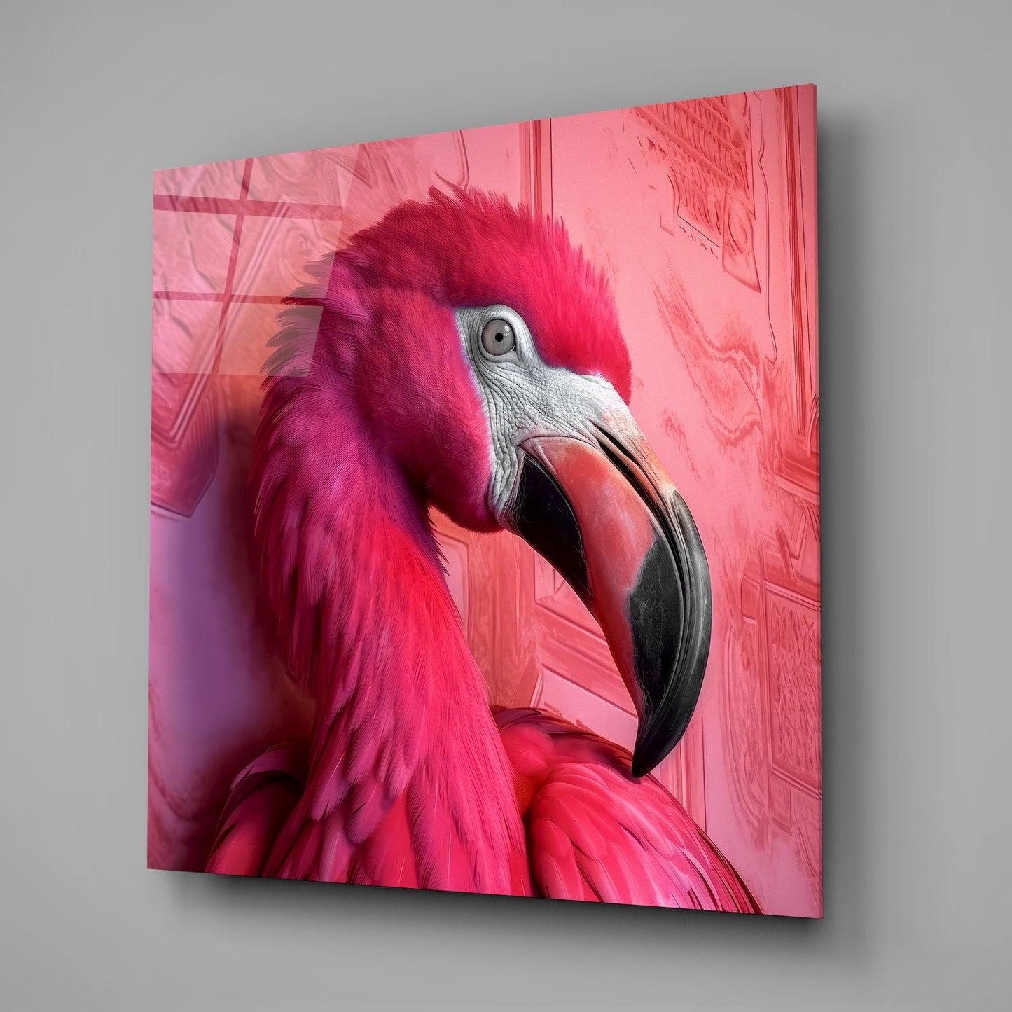 Crimson Red Feathered Flamingo Glass Wall Art