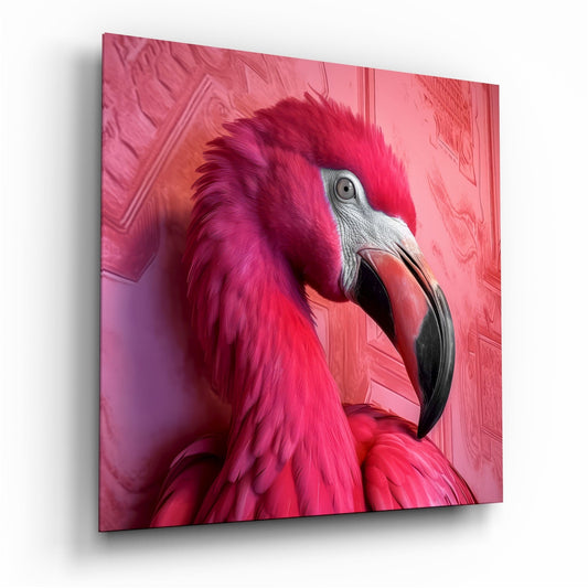 Close-up side profile of a vibrant crimson and magenta flamingo head with white facial markings on pink gradient glass panel.