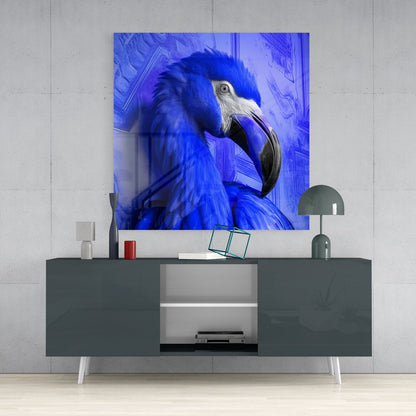 Electric Blue Feathered Flamingo Glass Wall Art