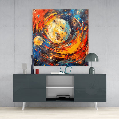 Vibrant abstract glass wall art featuring swirling orange, red, and blue tones with celestial spheres displayed above gray media console.