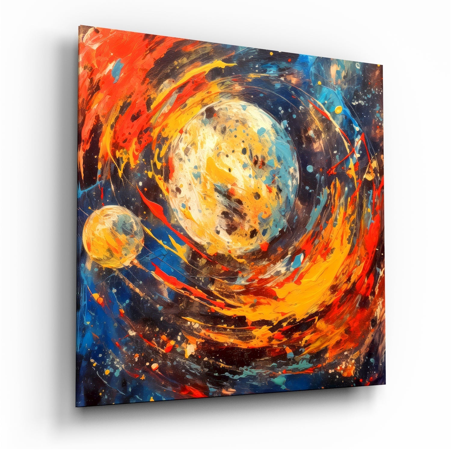 Angled perspective of glass wall art depicting a luminous planet with swirling orange, red, and blue abstract brushstrokes and a smaller celestial body.