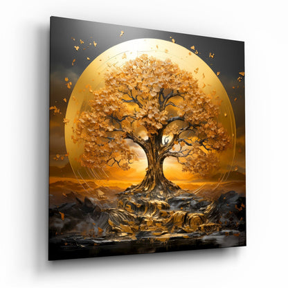 Golden Blossom Tree Of Life Sun Disc Glass Wall Art