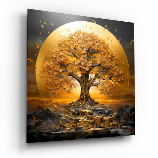 Golden tree with full foliage against large yellow orb, dark roots, falling leaves, displayed at angle showing glass panel depth.