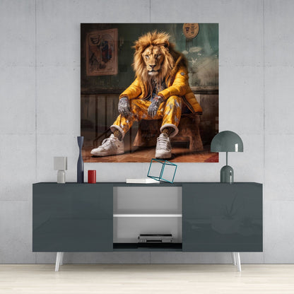Lion In Yellow Puffer Jacket Sneakers Glass Wall Art