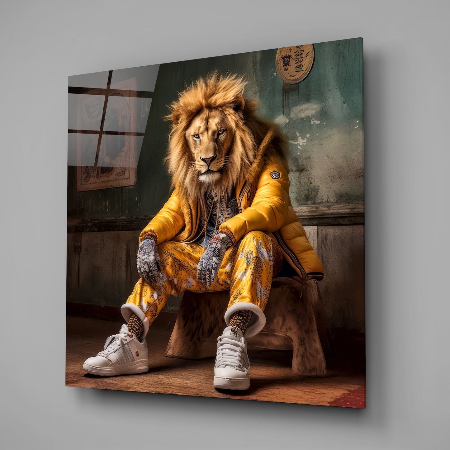 Lion In Yellow Puffer Jacket Sneakers Glass Wall Art