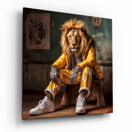 Anthropomorphic lion wearing yellow puffer jacket and white sneakers seated on wooden stool in grungy interior room.