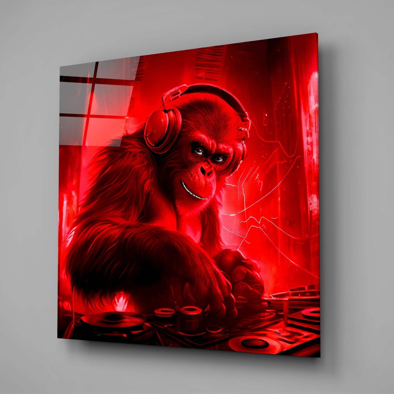 Red neon glowing glass wall art displaying a stylized chimpanzee wearing headphones at a DJ turntable, angled perspective view.