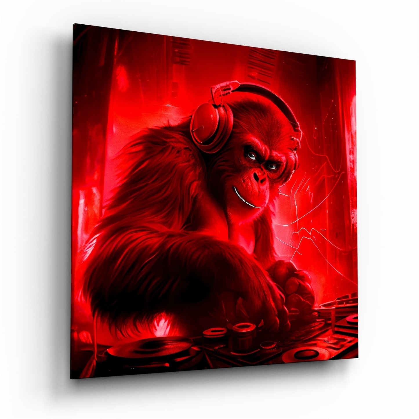 Red glass wall art panel with a stylized chimpanzee wearing headphones, displayed at a three-quarter angle against a bright red background.