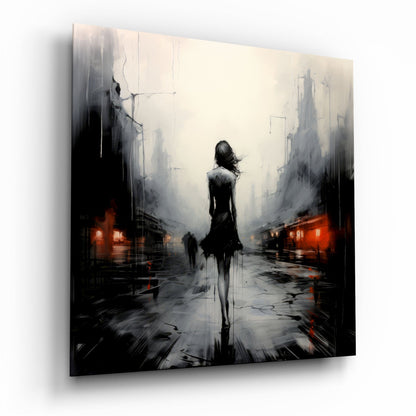 Solitary figure standing in rainy urban street with red lights, misty buildings, and motion blur on glass wall art panel.